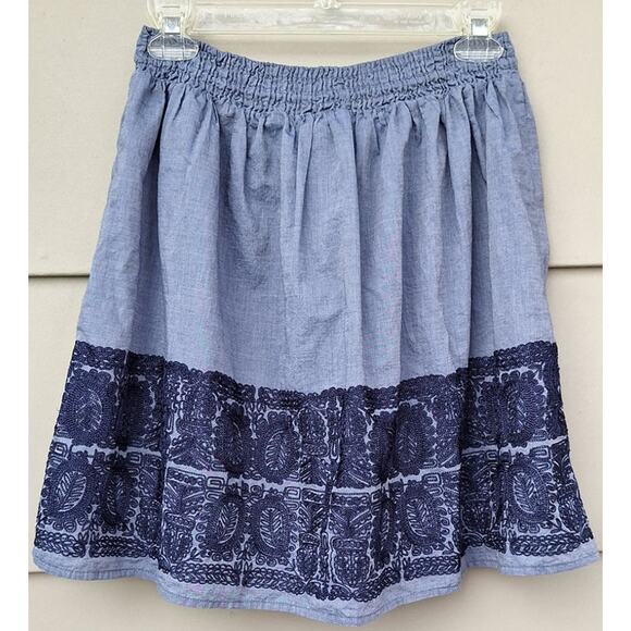 J CREW Zafrina Embroidered Chambray Skirt Cotton Elastic waist Tassels M Boho - Picture 8 of 11